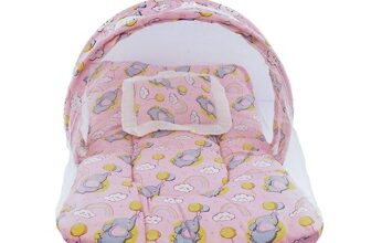 Bumtum Baby Bed, Mosquito Net & Neck Pillow, Baby Gadda Set For New Born, 0-6 Month, Printed Baby Bedding, Baby Elephnat Sleeping Bed Of 71Cm X 47Cm X 5Cm, Baby Pink, Cotton, Free Size
