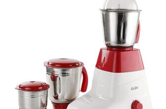 Glen Mixer Grinder 500W With 3 Stainless Steel Liquidiser, Grinder And Chutney Jars – Red (4025Lx) 2 Years Warranty