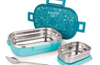 Attro A Food Time Stainless Steel Lunch Box, Airtight & Leak Proof – 2 Containers With Spoon (Big 750 Ml & Small 250 Ml) For Office Use, School, Picnic -Blue & Sky Blue