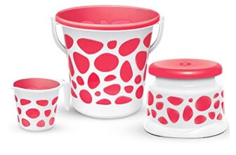 Milton Plastic Duplex Spa 3 Piece Set, Red | 20 Litres Bucket With Mug & Stool | Bathroom Accessory Set