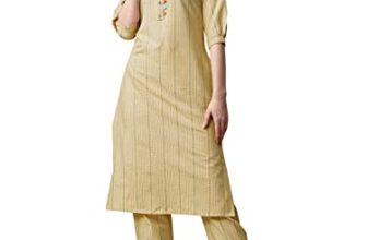 Ethnicjunction Women’S Woven Striped Work Straight Kurta With Pant (Bt5-Rangsari-Light Yellow_M_Light Yellow)