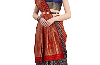 Ethnicjunction Women’S Kanchipuram Silk Woven Half And Half Saree With Blouse Piece (Ej6004-Kanjeevaram-Navy Red_Navy Blue & Red)