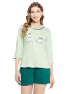 Clovia Women’s Graphic & Text Print Top & Chic Basic Shorts in Green – 100% Cotton (LS0661D11_Green_L)