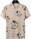 Fashionable Village Printed Men Mandarin Collar Beige T-Shirt