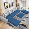 CASASTYLE Adonia 8 Seater Fabric LHS Sectional L Shape Sofa Set with 1 Centre Table & 2 Puffy (Dark Blue- Light Grey)
