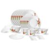 Larah by Borosil Red Iris Fluted Series Opalware Dinner Set | 40 Pieces for Family of 6 | Microwave & Dishwasher Safe | Bone-Ash Free | Crockery Set for Dining & Gifting | Plates & Bowls | White