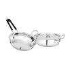 Bowls & More | Flat Bottom Stainless Steel 3 Pcs Cookware Set – 22 cm Wide kadai (2.0 L) with Lid | 22cm Fry pan (1.4L) | Induction/Flame Safe | Matt Finish (Silver)