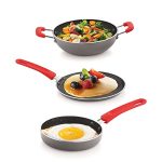 ECHT Granite Mini Series Non Stick Combo of 3 (15.5cm Frying Pan,20cm Dosa Tawa and 16.5cm Kadai) Idle for Single Serving and Quick Snacks. Saute,Frying,dosa and rotis vegies and Omelettes,Grey