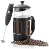 BEAN ENVY French Press Coffee Maker and Milk Frother Set with 4 level Filtration System|Glass Carafe Coffee Press & Drink Mixer Duo w/Stainless Steel Stand (Black, 1L)