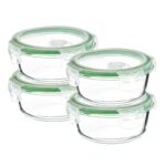 Amazon Brand – Solimo Borosilicate Glass Container with Air-Vent Lid (420ml Each) | Airtight & Leak-Proof | Freezer, Microwave & Dishwasher Safe (Set of 4) (Round Shaped) (Transparent)