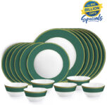 cello Pack of 18 Opalware Solitaire Series Emerald | Extra Strong | Light Weight | Dishwasher Safe | Dinner Set(Green, Microwave Safe)