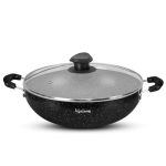Lifelong Non-Stick Aluminium 2 litre Kadhai with Glass Lid, 24cm, Black/Grey (Induction and Gas Compatible)