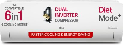 LG 2025 Model AI Convertible 6-in-1 1.5 Ton 3 Star Split AI Dual Inverter with Faster Cooling and Energy Saving, VIRAAT Mode and Diet Mode Plus AC – White(US-Q18JNXE, Copper Condenser)
