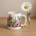 ICORA Ceramic Coffee Mug 330ML with Colorful Cactus Floral Print for Tea Coffee Lovers/Pack of 1