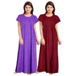 Vlazom Women’s Pure Cotton Regular Rajasthani Nighty Rajasthani Gown Jaipuri Nighty Jaipuri Gown Maxi Gown (Pack of 2 pcs) (Purple,Maroon, Free Size)