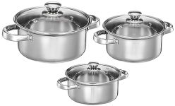 Amazon Solimo Set of 3 Stainless Steel Casseroles | Glass Lid | Flat Bottom | Dishwasher-Safe | 16 cm, 18 cm, 20 cm | 2.3 Liter, 3 Liter, 1.7 Liter | Silver