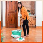 Bathla Ultra Clean Plus – Heavy Duty Microfiber Spin Mop for Home with Large Trolley Wheels (Green)