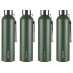 Borosil 4pc Set of 1000 ml Hydra Laguna Stainless Steel Water Bottle | Made in India Single Wall, Leakproof, BPA Free| Bottle for Office, School, College & Gym | Green