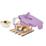 Treo by Milton Lumino Fresh Square 320 Borosilicate Glass Containers for Kitchen I Microwave Safe I Leak Proof with Air Vent Lid I 320 ml, Set of 1, Purple