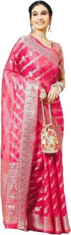 HouseOfCommon Solid/Plain Bollywood Organza Saree(Pink)