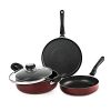 Cello Prima 3 pcs Non-Stick Aluminium Cookware Set, Cherry Red (28 cm Dosa Tawa, 22 cm Kadai with Glass Lid, 22 cm Fry Pan) | Induction Base, PFOA-Free, Sturdy Handles, Ideal for Gifting