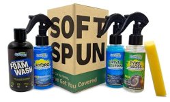 SOFTSPUN Essentials Car Clean & Wash Starter Kit – Made for Cars and Motorcycles 5 Piece Kit, Includes 200ml Shampoo, 100ml Windshield Washer,100ml Tyre Polish, 100ml Multi-Purpose Cleaner, 1 Foam