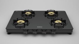 Havells Contour Toughened Glass-Top 4 Brass Burner LPG Gas Stove | Removable Drip Tray | Soft Touch, Ergonomically Designed Knobs | 2 Years Comprehensive Warranty (Black)