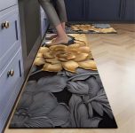2-Piece Non-Slip Rubber Backed Floor Mats – Water-Absorbent Kitchen & Hallway Rugs for Home Use, Includes Large and Small Sizes (Black Flower)