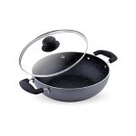 Attro Aluminium Induction & Gas Stove Compatible Non Stick 3mm Thickness Heavy Duty Kadhai with Glass Lid, Spatter Finish, (240 mm, Black)
