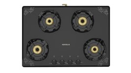 Havells Nucleus Slim Gas stove |4 Heavy Duty Forged Brass Burner|8 mm Toughened Glass|Premium Valves|Removable Drip Tray|Soft Touch Knobs|5 year Warranty on Burners, Glass & Valves by Havells (Black)