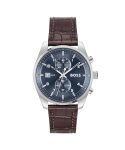 Boss Skytraveller Qtz Fashion Chrono Blue Round Dial Men’s Watch|Brown Croc Leather Material|Brown Color Band – 1514194