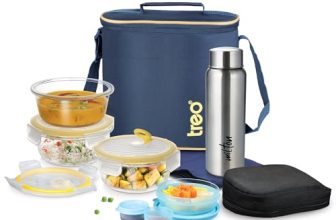 Treo By Milton All Fresh Borosilicate Glass Round Tiffin with Durable Carry Jacket, Stainless Steel Bottle,Set of 8,Microwave & Oven Safe,Leak Proof,Air Vent Lid,Scratch Resistant,Office,School,Travel