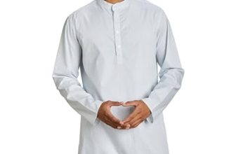 Amazon Brand – Symbol Men’s Cotton Printed Regular Long Kurta (SYMETHLKUR-9_White & Light Blue_M)