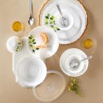 Larah by Borosil Silk Series Green Leaves Opalware Dinner Set with Steel Spoon | 41 Pc for Family of 6 | Microwave & Dishwasher Safe | Bone-Ash Free | Crockery Set for Dining & Gifting | Plates & Bowl