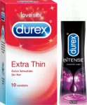 DUREX Extra Thin Condom 10s and Lube Intense Lubricant Gel Condom(Set of 2, 10 Sheets)